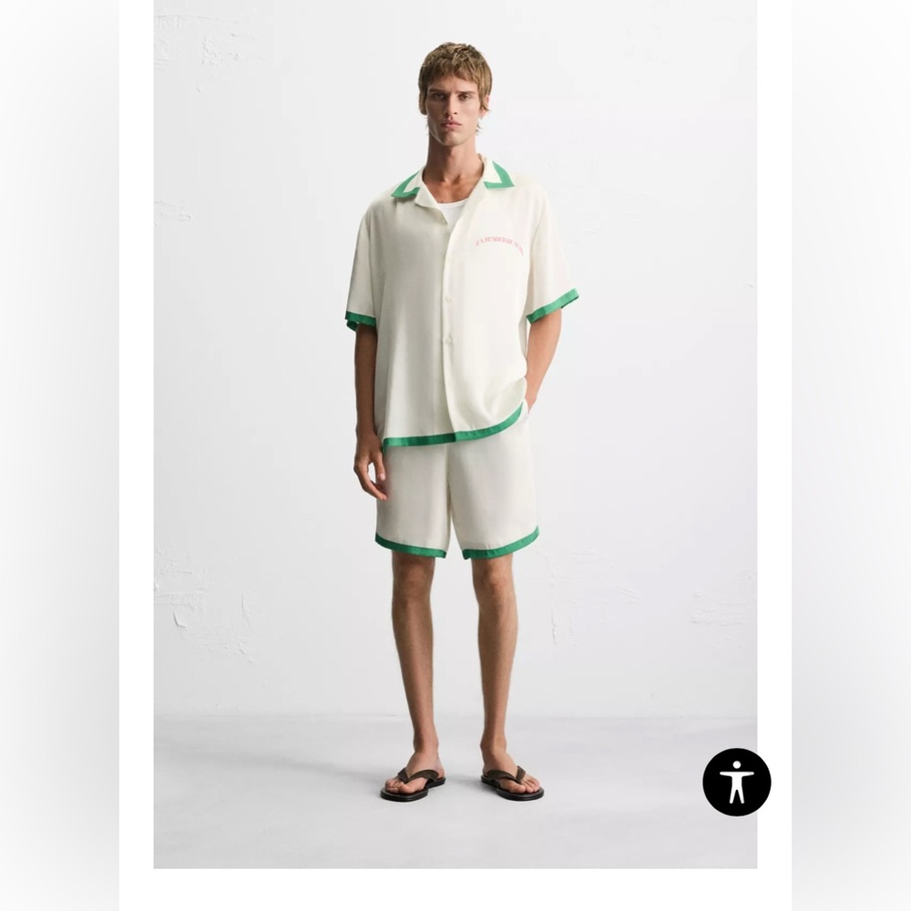 Satin shirt and shorts contrast stripe. Set- Size XL. Cream and Green color - Picture 2 of 13